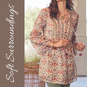 Soft Surroundings Ikat Embroidered Sheer Chiffon Tunic Top Boho Sequin Pom Pom L